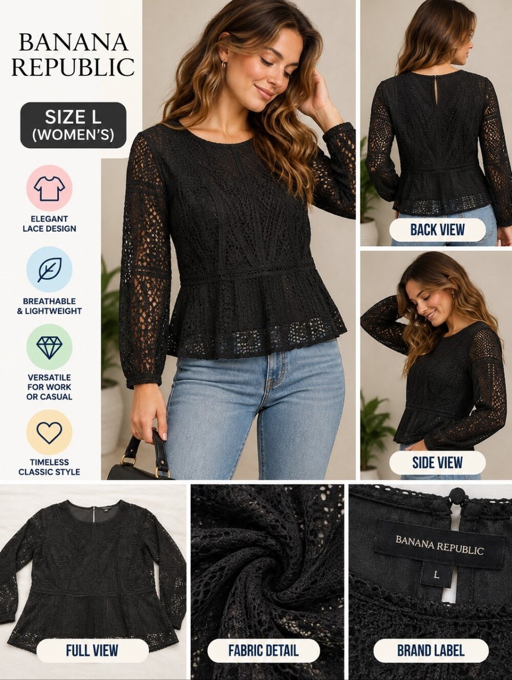 Banana Republic Women's Size Large Black lace Blouse #C23